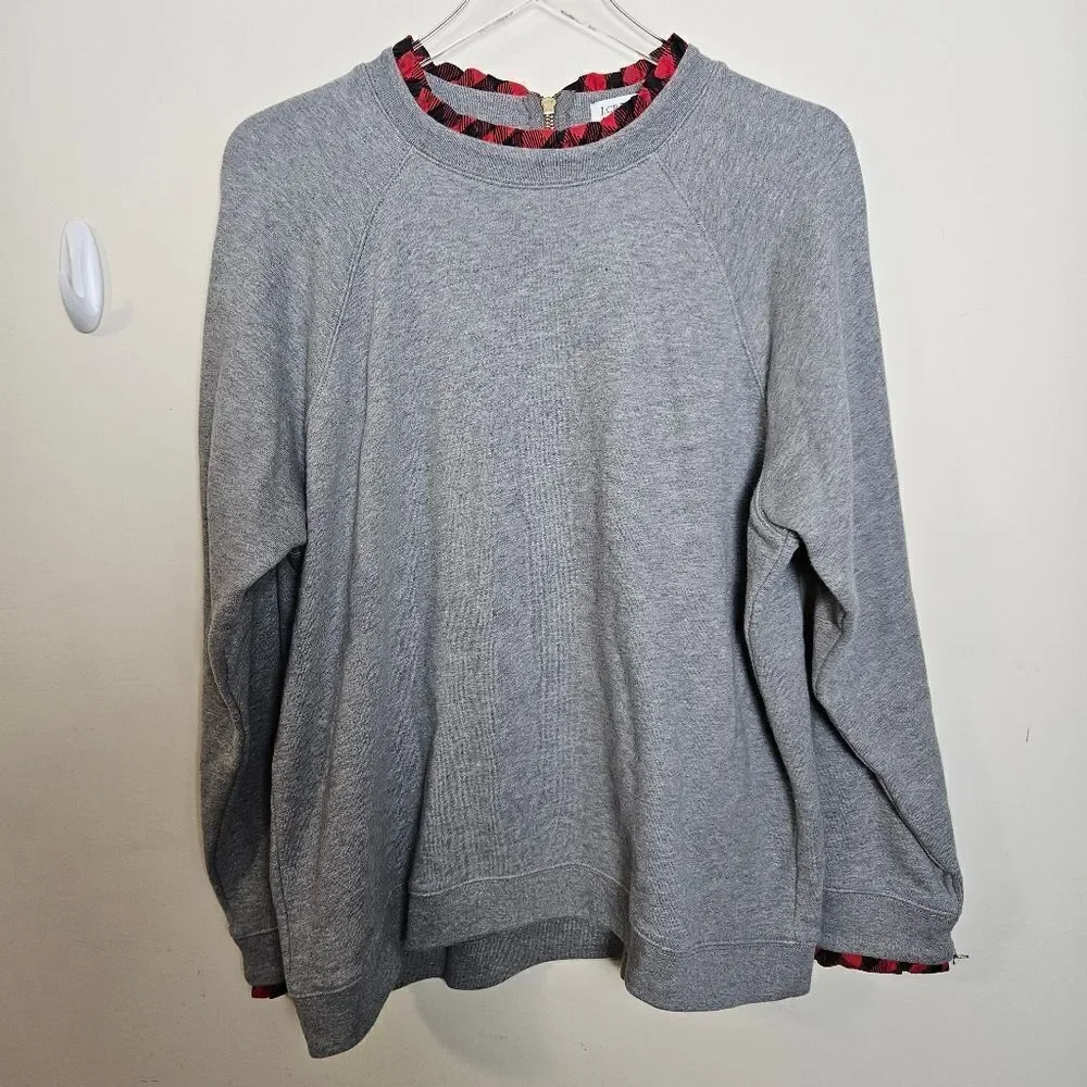 J Crew HO273 Ruffleneck Pullover Sweatshirt 2X Grey Plaid Trim Holiday